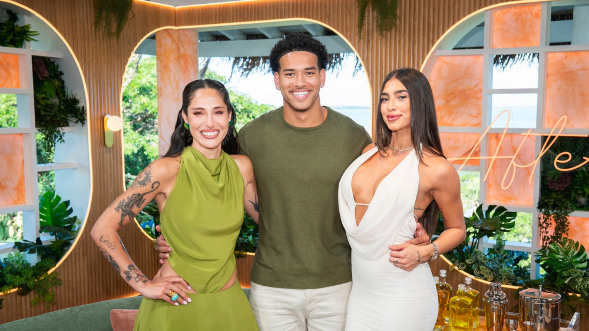 Tefi Pessoa, Corbin Mims, and Parmida Keshani pose on 'Love Island USA' After Sun